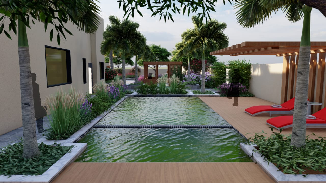 Landscape concept with pool and planting composition